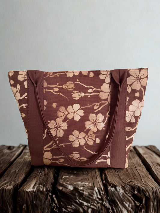 Country Bloom Tote- Brown Cherry Blossom - Medium
